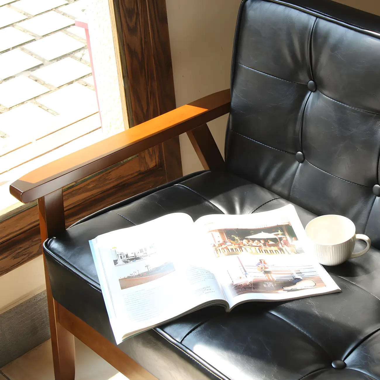 Modern Leather Tufted Accent Chair with Wood Frame