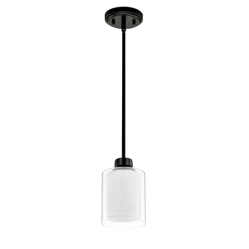 Daley 1-Light Matte Black Double Shaded Mini Pendant Light with Clear Glass and White Glass Shades
