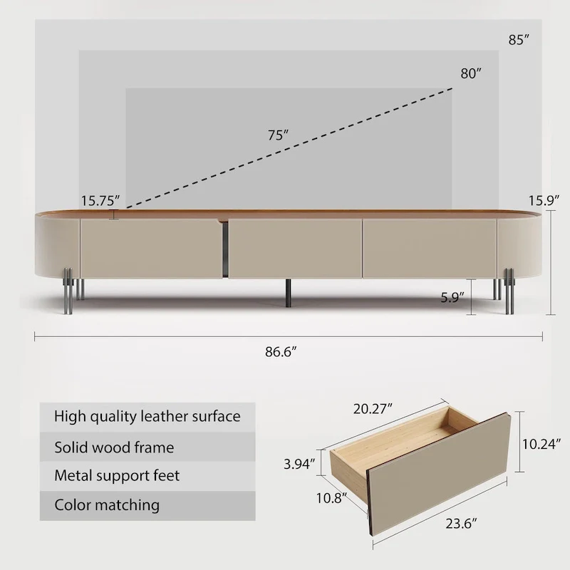86.6   Leather TV Stand, Modern Entertainment Center with 3 Drawers
