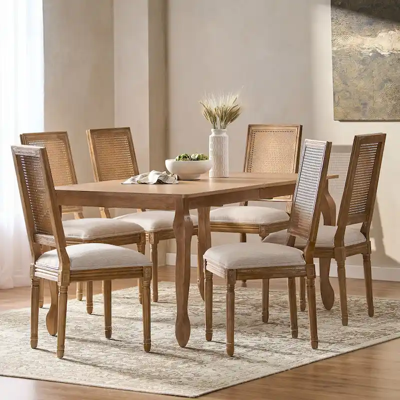 Regan Wood and Cane Upholstered Expandable 7 Piece Dining Set by Christopher Knight Home