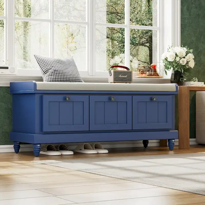 Classic Fluted Shoe Bench with Cushion & 3 Drawers