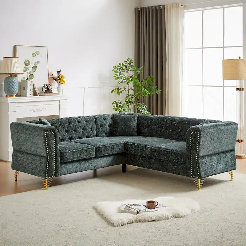 Green 81.5 Chenille L-Shaped 5-Seat Sofa