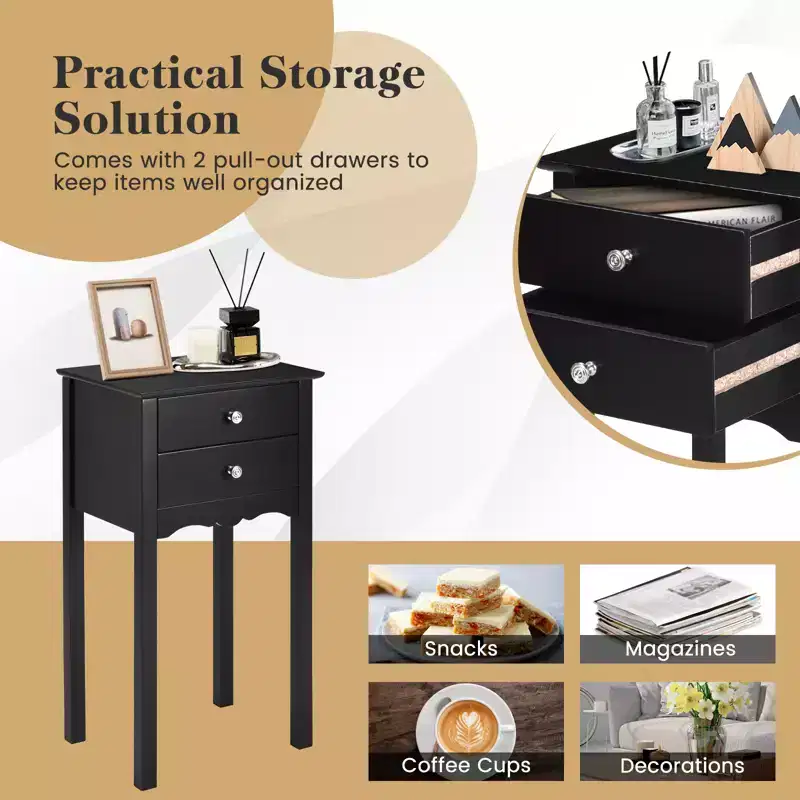 Costway Side Table End Accent Table Night Stand W/ 2 Drawers Furniture Black