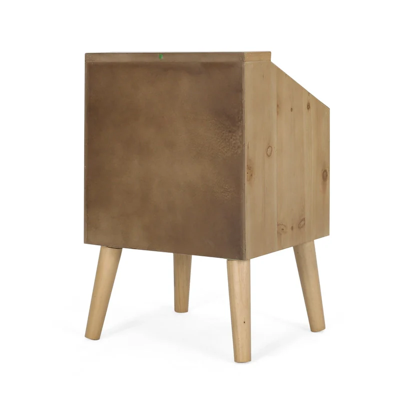 Rattan Accent End Table with Hutch & Cabinet – White + Natural, Wood Top, Single