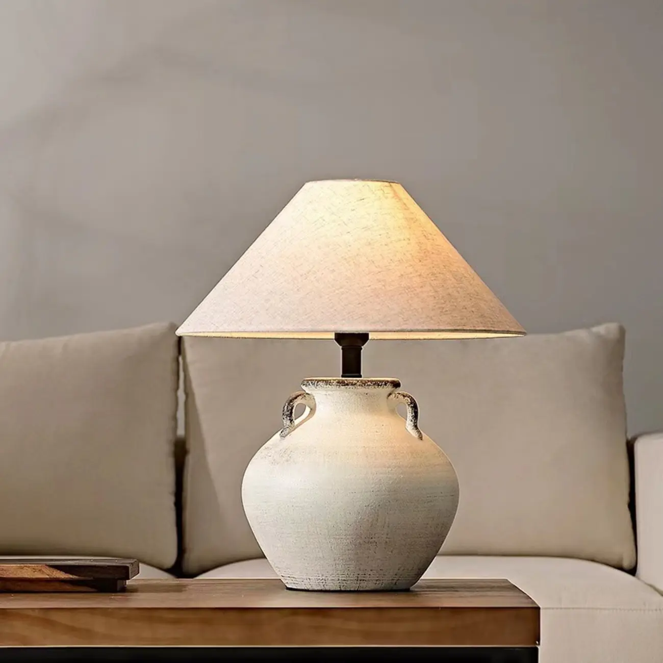 Ceramic Table Lamp with Cone Fabric Shade, LED Compatible