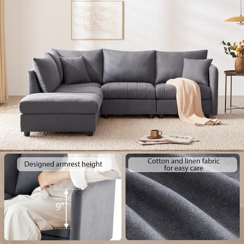 Modern 5-Seat L-Shape Sectional Sofa with Vertical Stripes, 2 Pillows, Convertible Ottoman