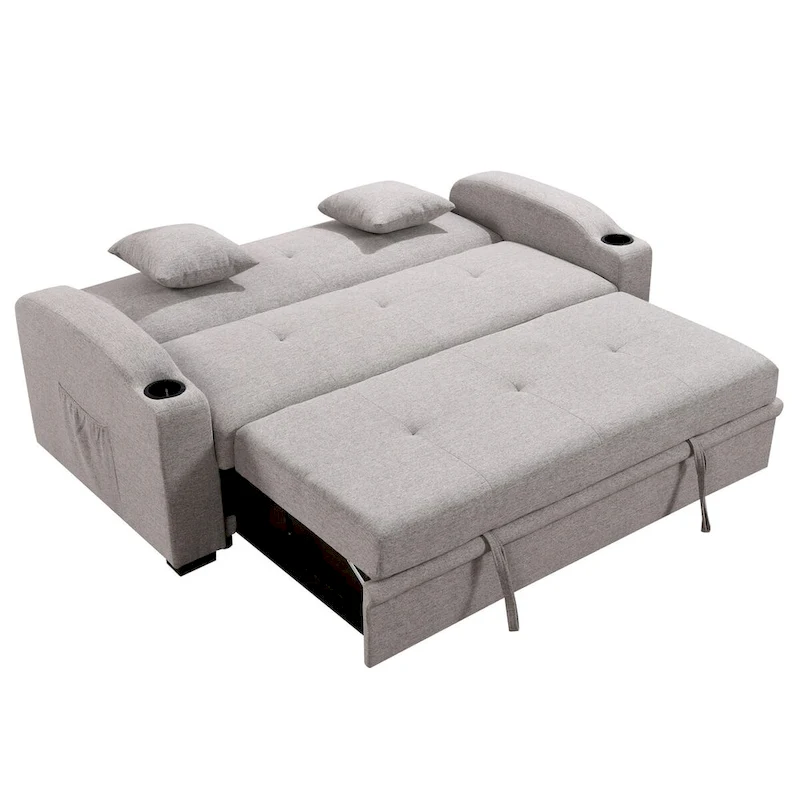 Convertible Sofa with Reclining Backrest, Cup Holders and Pillows