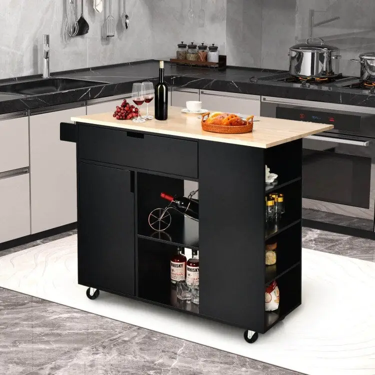 Drop-Leaf Kitchen Island with Rubber Wood Top - 49 x 30 x 36(L x W x H)