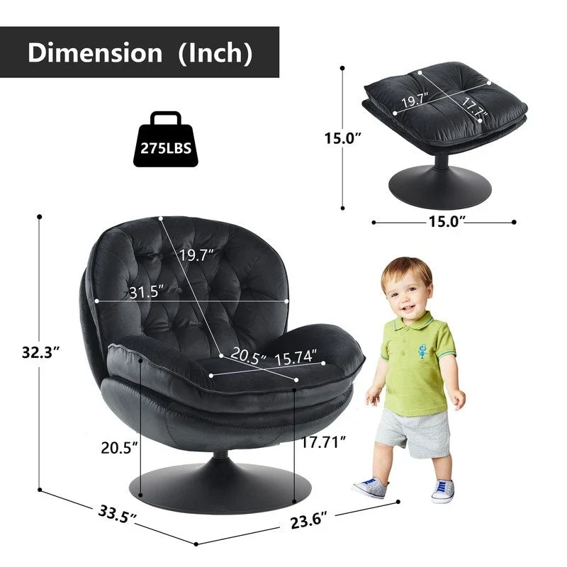 Velvet Swivel Accent Chair with Ottoman Round Reading Accent Chair Foot Stool Ottoman Set,360 Swivel,Metal Frame