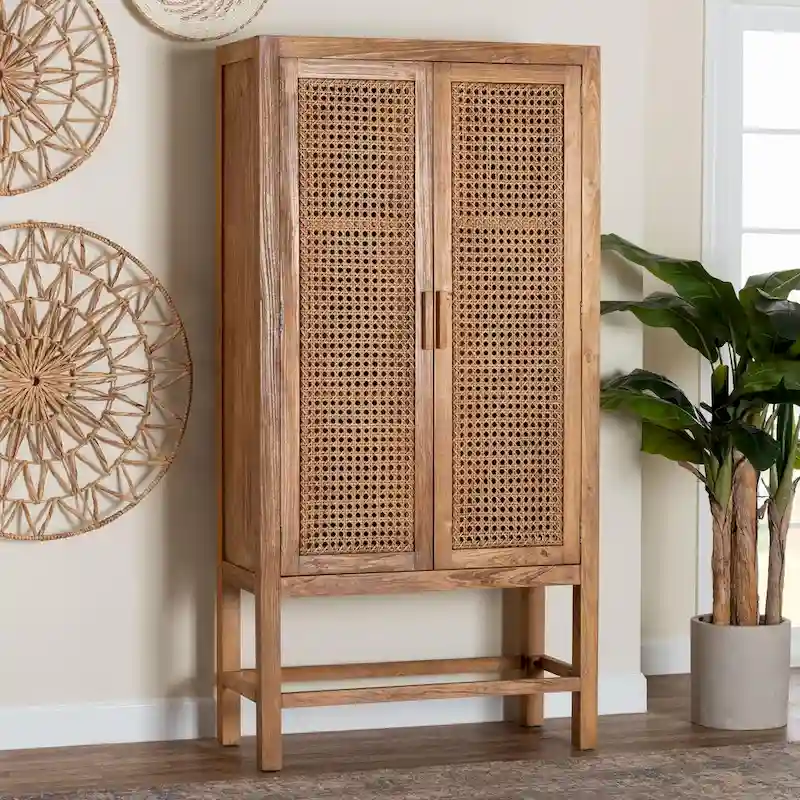 Sibu Bohemian Natural Rattan and Teak Wood Tall Cabinet