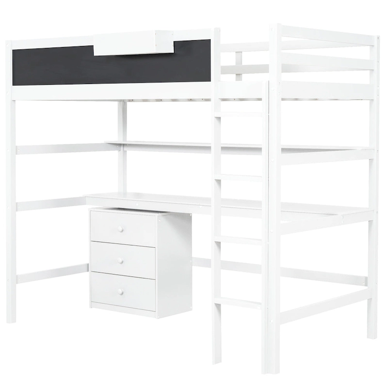 White Twin Size Solid Wood Loft Bed with Desk, Blackboard, and Storage