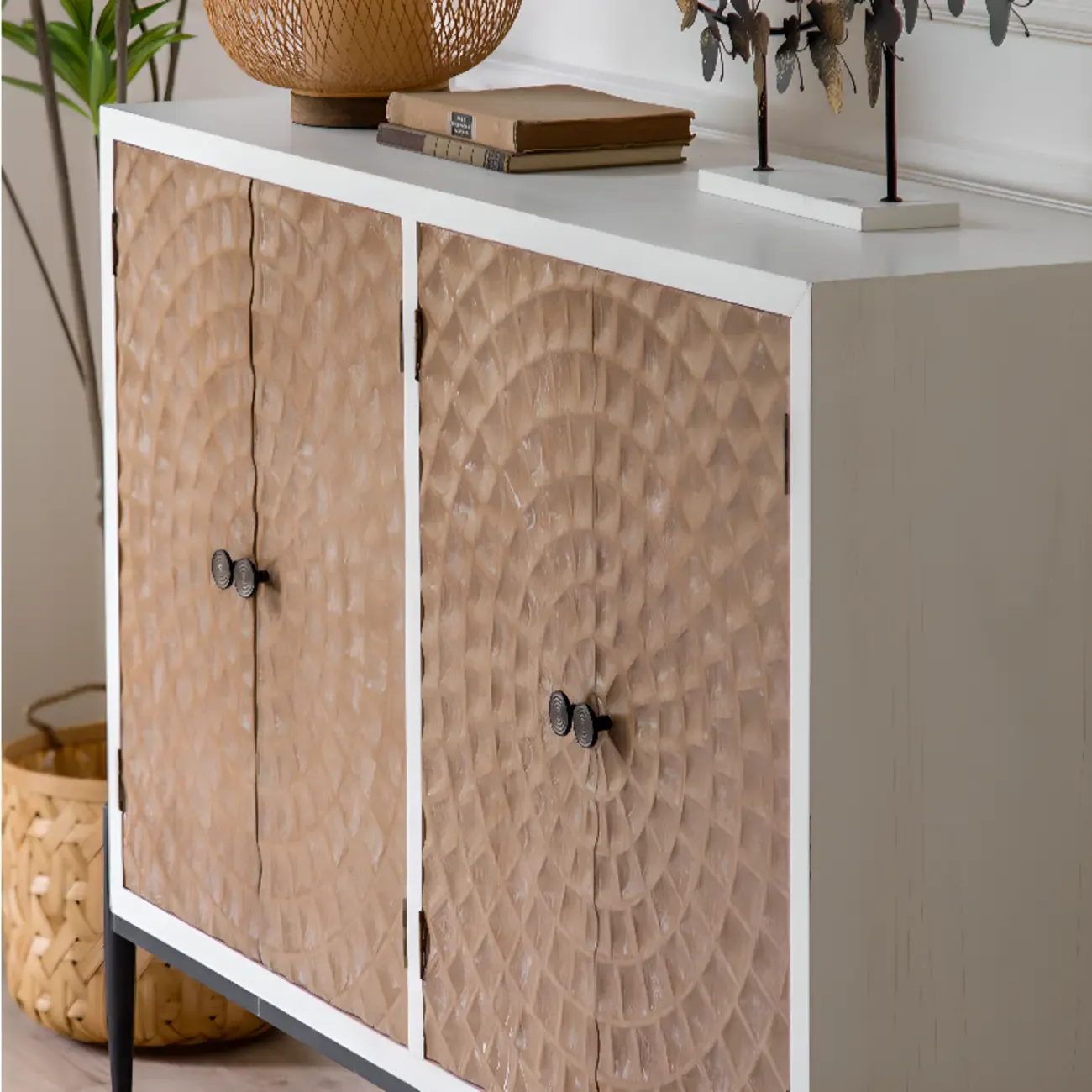 Freestanding Rustic Rectangle White Wood Iron Base Cabinet