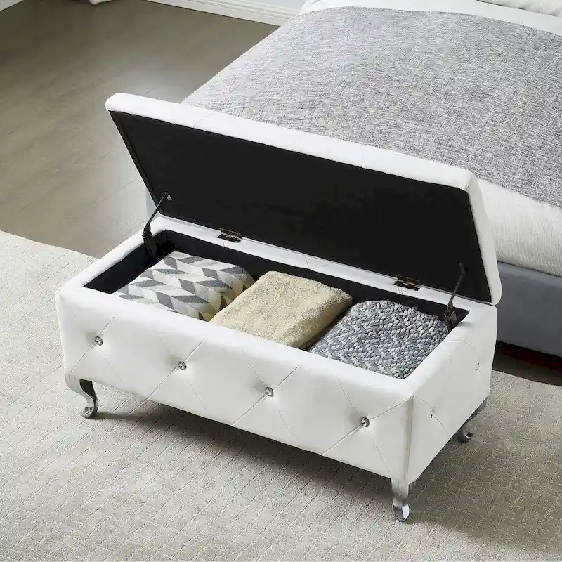 Upholstered Storage Ottoman Bench For Bedroom End Of Bed Faux Leather Rectangular Storage Benches Footrest With Crystal Buttons