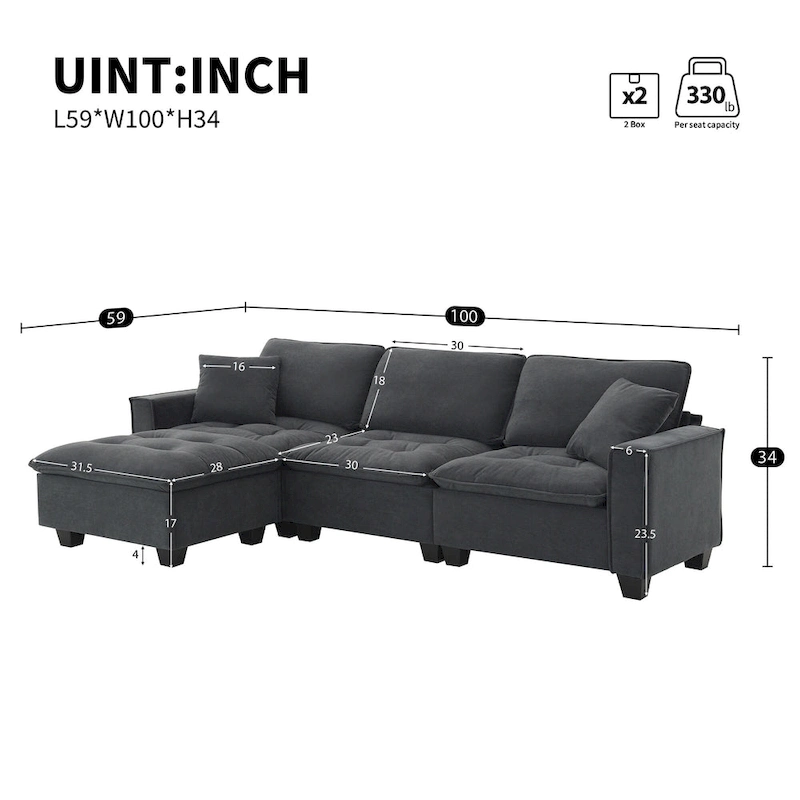100*59 Convertible Sectional Sofa,L-shaped Reversible Couch Set with Free Pillows,4 Seat Sleeper Sofa with Ottoman