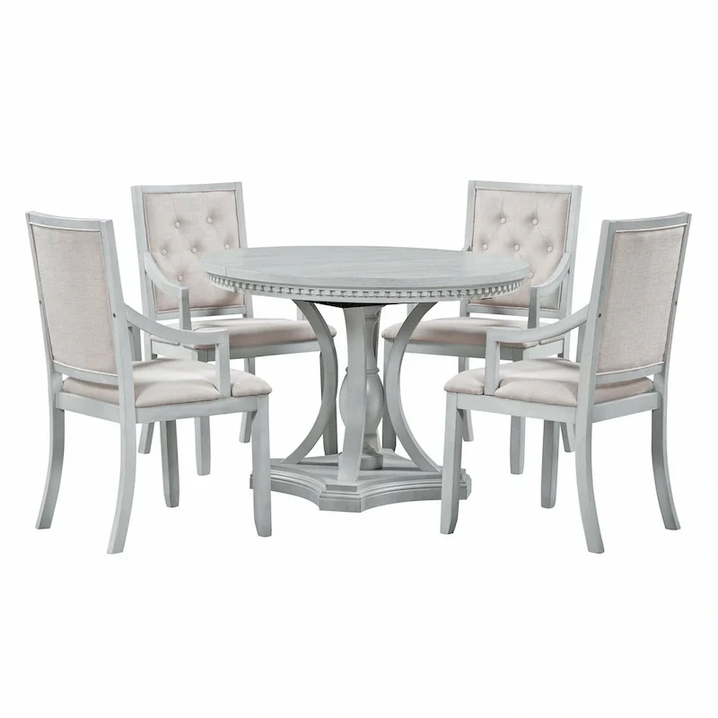 Retro 5-piece Dining Set with Extendable Round Table and 4 Chairs