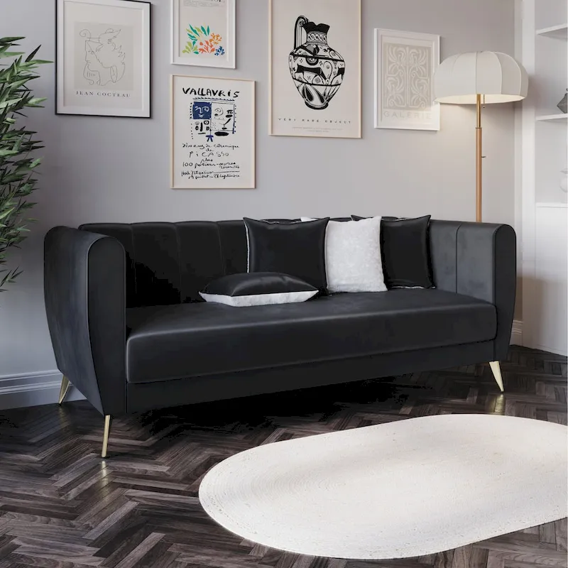 Scarlett Velvet Flared Arm 3-Seater Sofa with 4 Throw Pillow