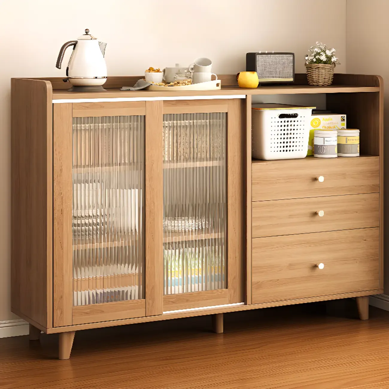Freestanding Brown Cabinet with Sliding Door & Exterior Shelf