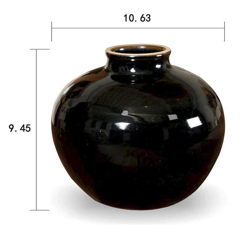 Artissance 10.63 L Round Black Porcelain Glazed Obsidian Small Opening Vase, Home and Garden Decor