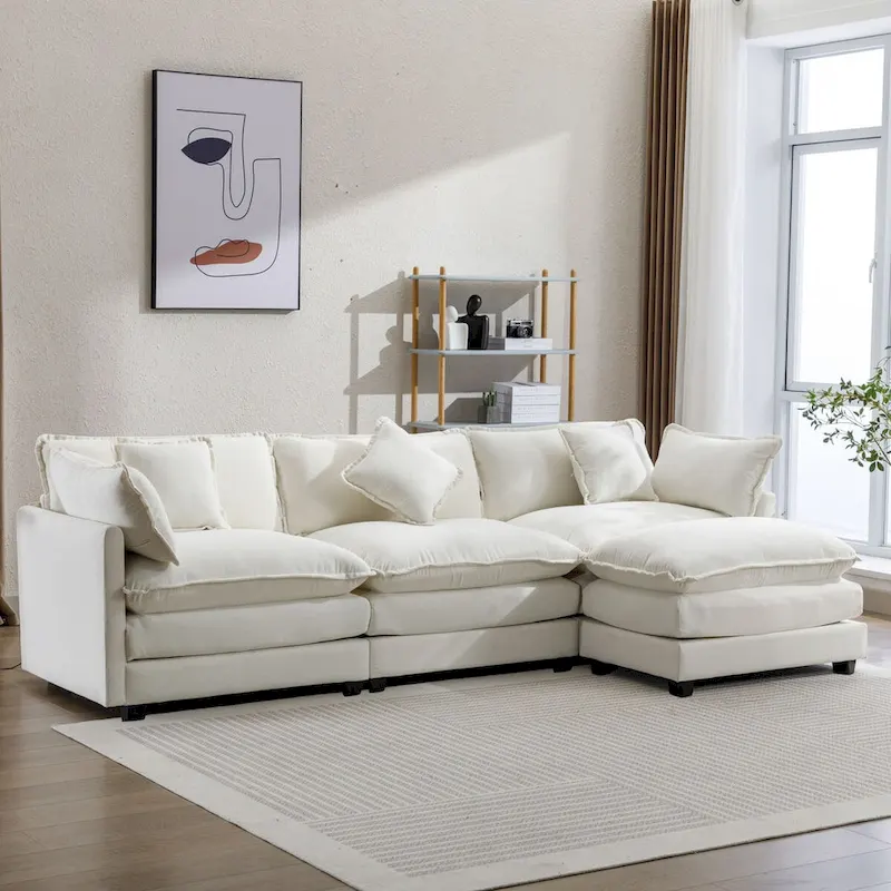 L-Shape Chenille Upholstered Sofa with Ottoman