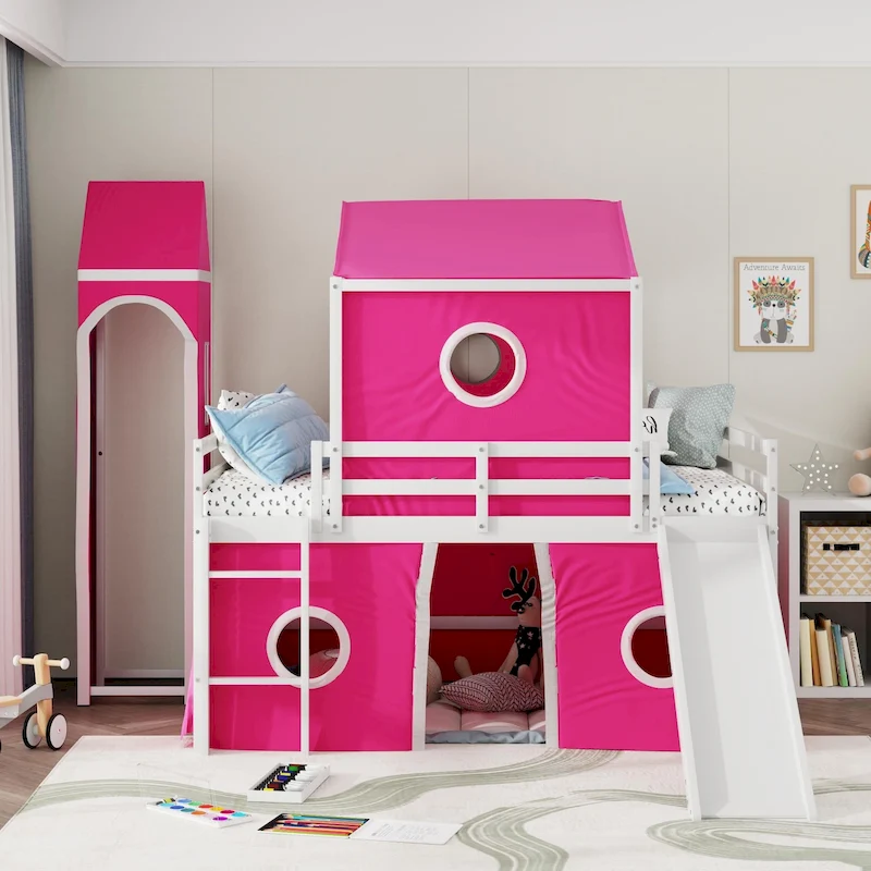 Full Size Loft Bed with Slide Pink Tent and Tower