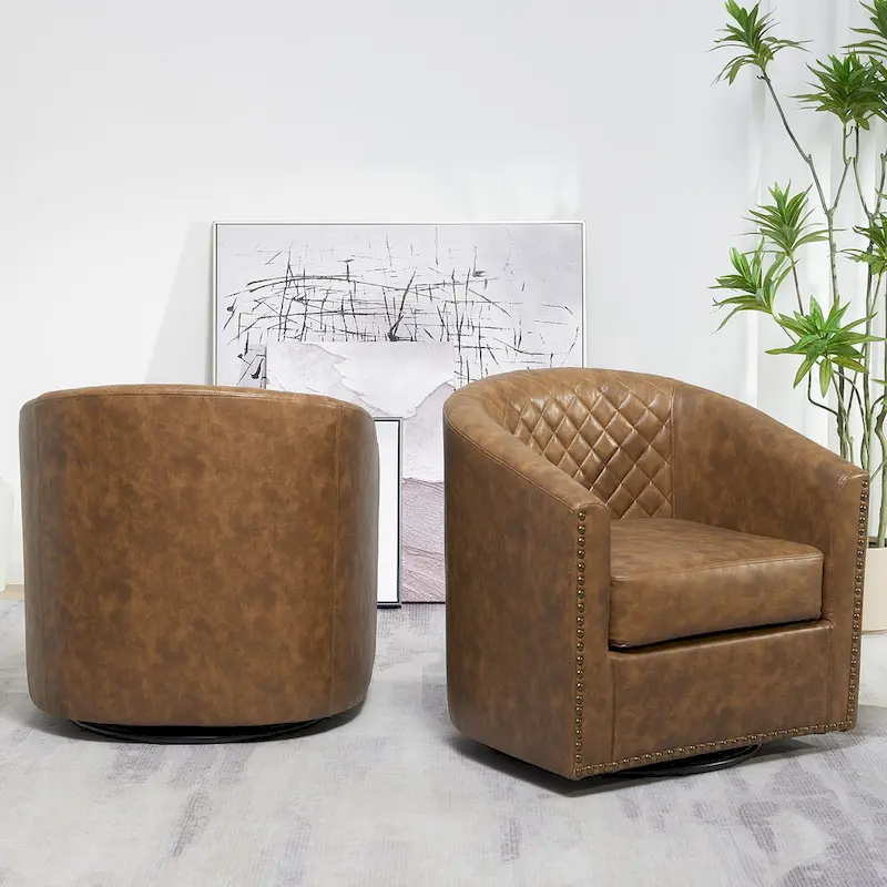 KINWELL 29 Wide Tufted PU Leather Swivel Barrel Chair (Set of 2)