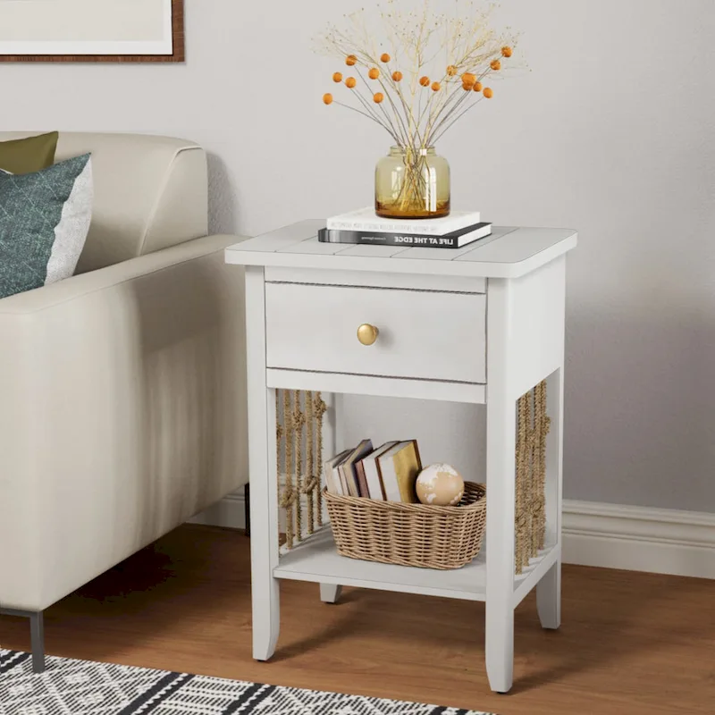 COSIEST Distressed White End Table with Drawer - 14 D x 18 W x 26.4 H