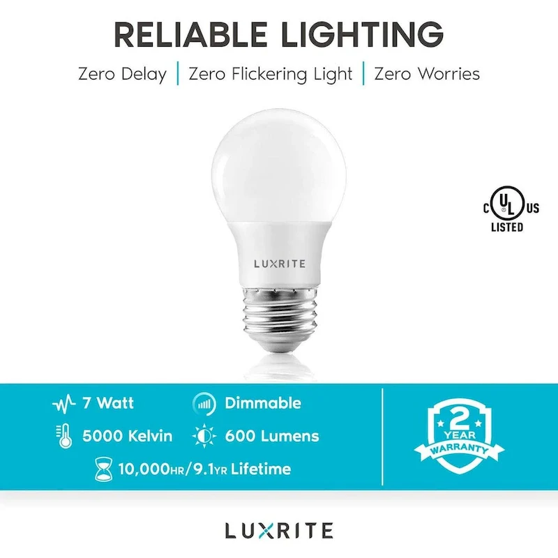 Luxrite A15 LED Light Bulb, 40W Equivalent, Dimmable, 600 Lumens, Enclosed Fixture Rated, Energy Star, E26 Base (4 Pack)