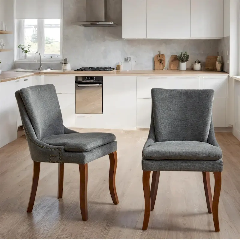 Chenille Fabric Upholstered Dining Chairs w/ Solid Wood Legs(Set of 2)