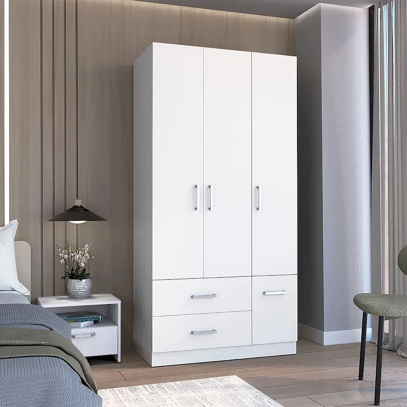 35.4 Modern Four-door Armoire with 2 Drawers, Six Shelves and Hanging Rod