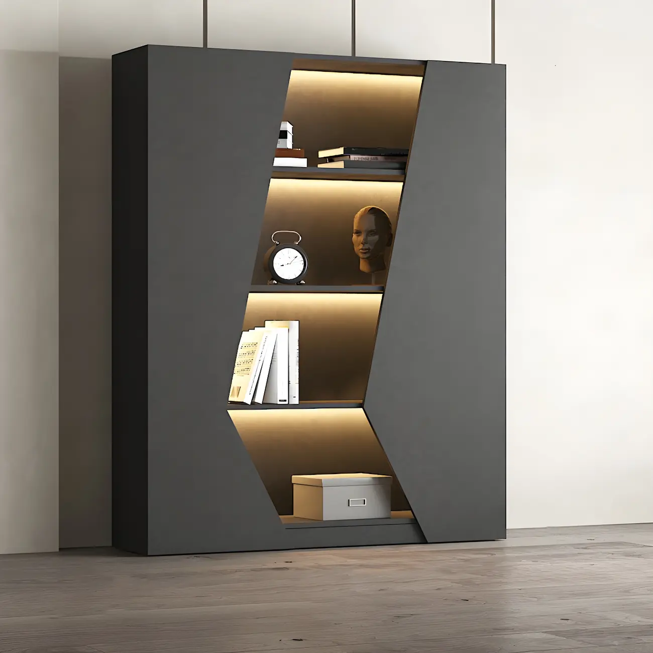 Multi-Layer Grey Wood LED Open Storage Display Cabinet
