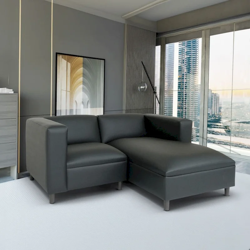 Coast to Coast Sofas Mid Century Modern L Shaped Sofa Faux Leather Solid Wood Frame Upholstered