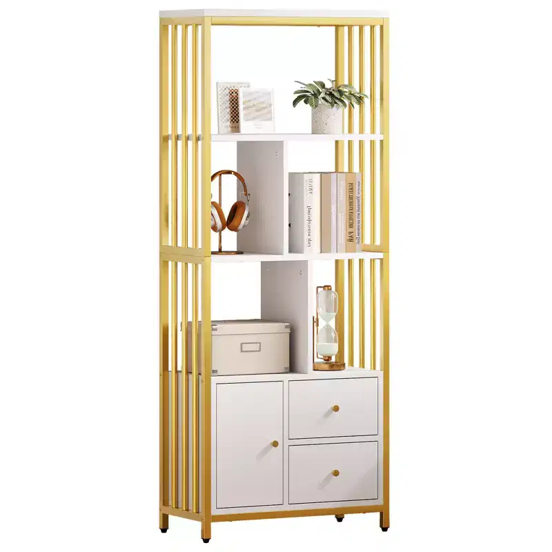 62 Gold 4-Tier Bookshelf with 3 Drawers & Door, White Gold Metal Bookcase Display Storage Cabinet for Living Room & Office