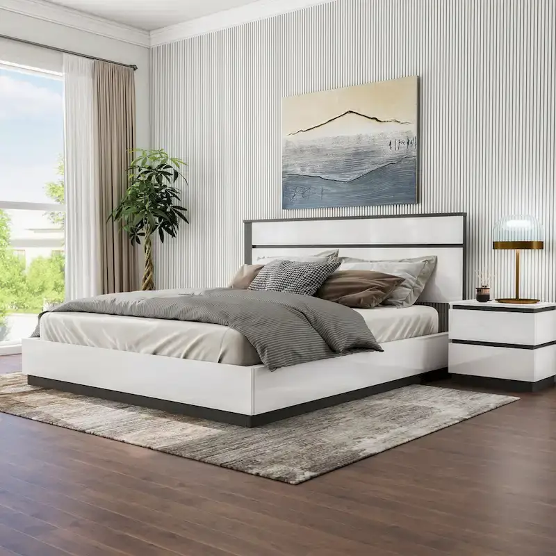 Furniture of America Conjira Modern 2-Piece White Wood Platform Bed and Nightstand Set