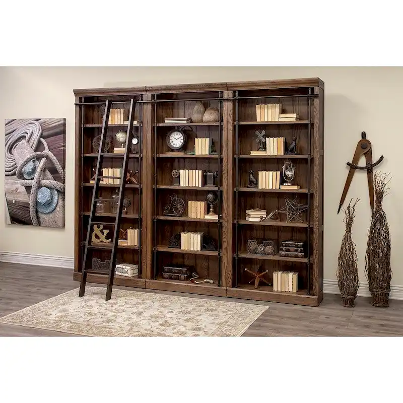 Avondale 8' Tall Bookcase Wall With Ladder, Storage Organizer, Display Shelf for Office, Brown - 120W x 94H x 15D