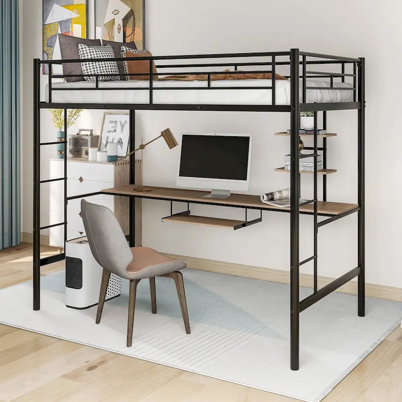 Black Twin Size Metal Loft Bed with Desk and Shelf, Space-Saving Design
