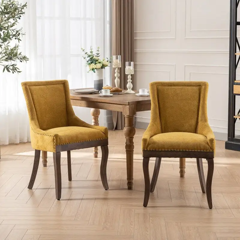 Thickened Fabric Dining Chairs w/Solid Wood Legs,Bronze nail head,Set of 2