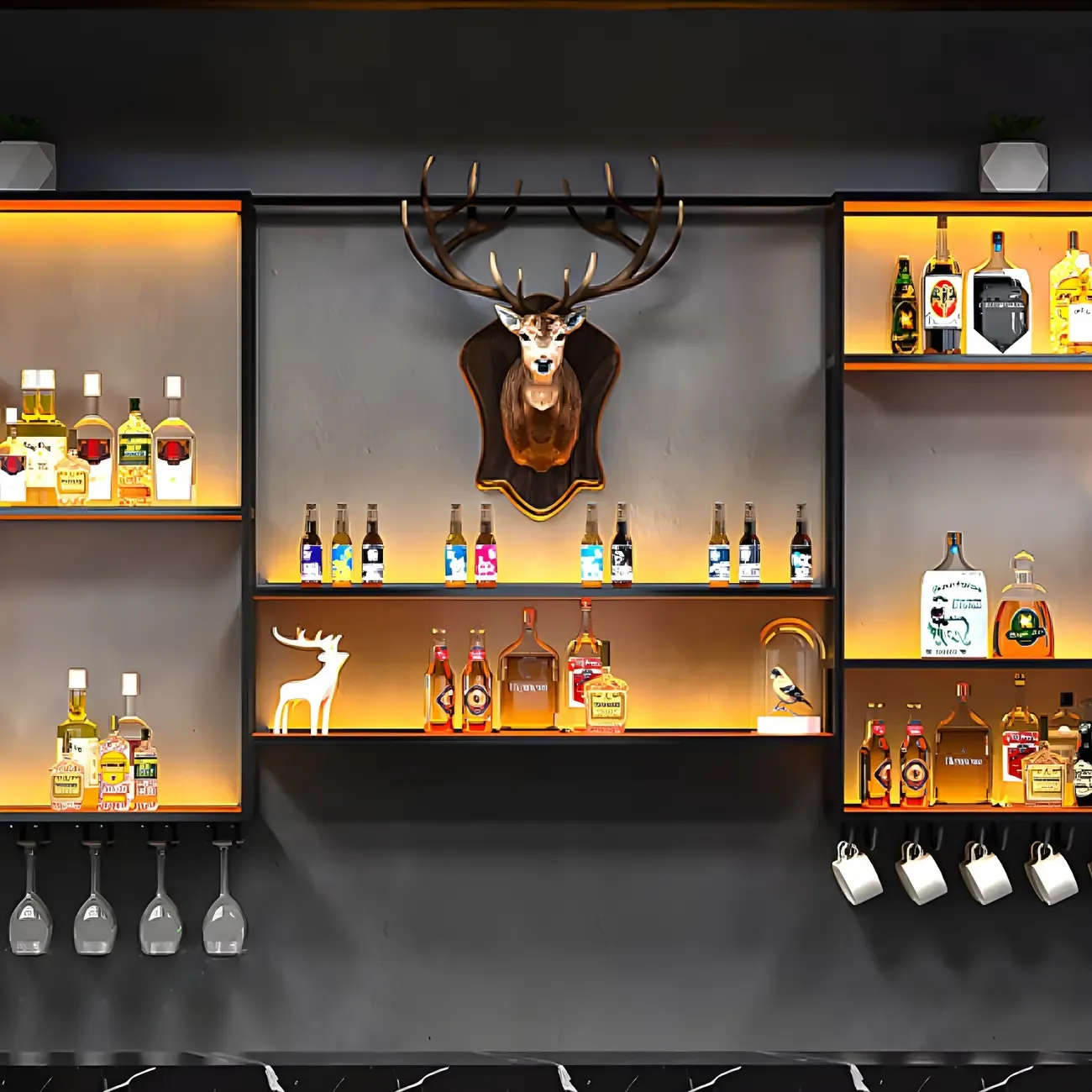 Black Metal Wall-Mounted Wine Rack with Stemware Holder