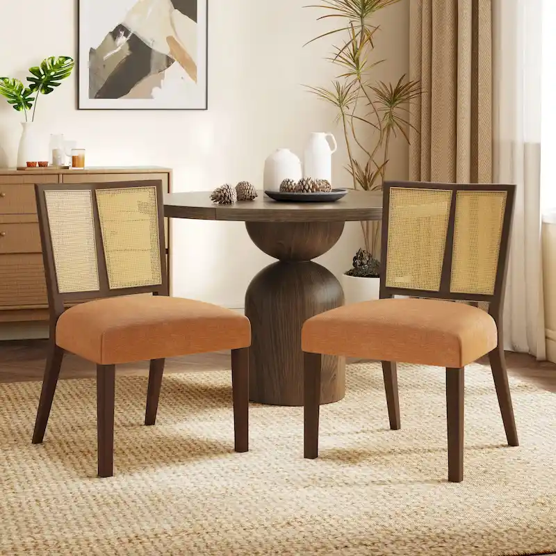 Mid-Century Rattan Back Upholstered Dining Chair Set of 2