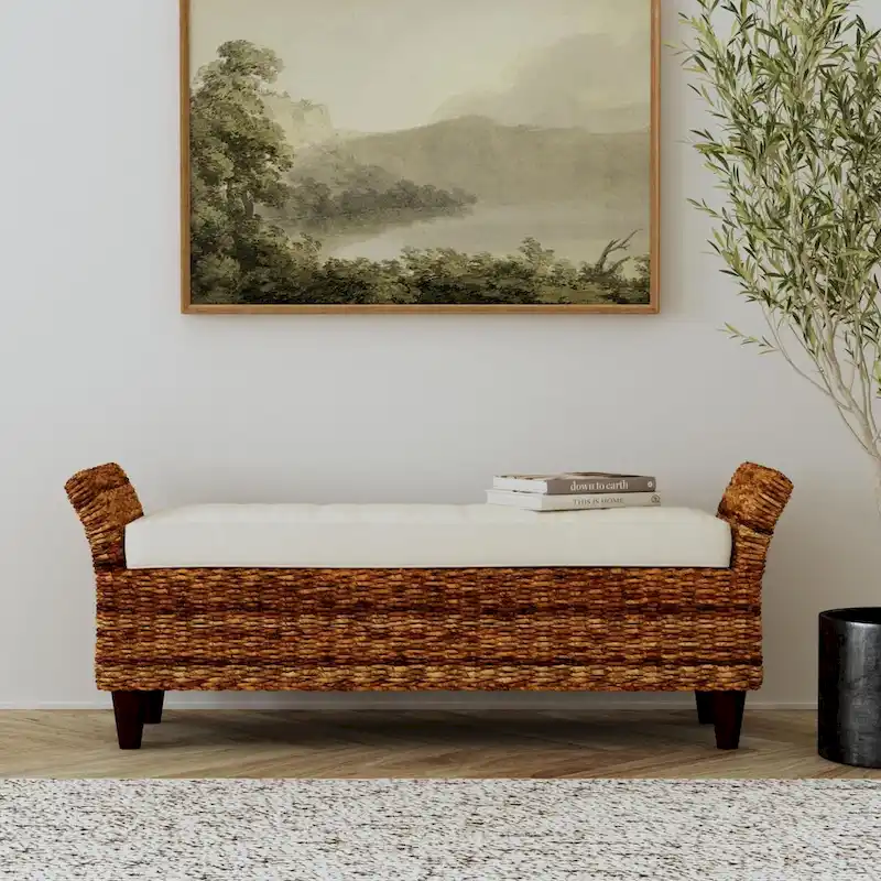 Woven Natural Abaca Bench With Cushion by East at Main