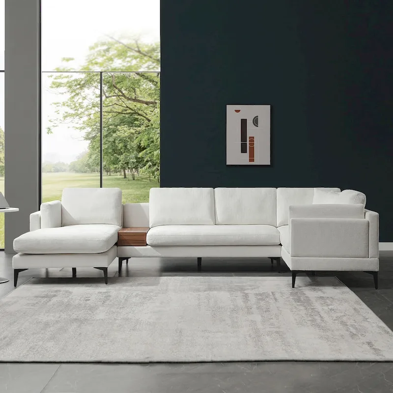Modular U-shaped Linen Reversible Sofa with a Wooden Side Table Box and Reversible Design