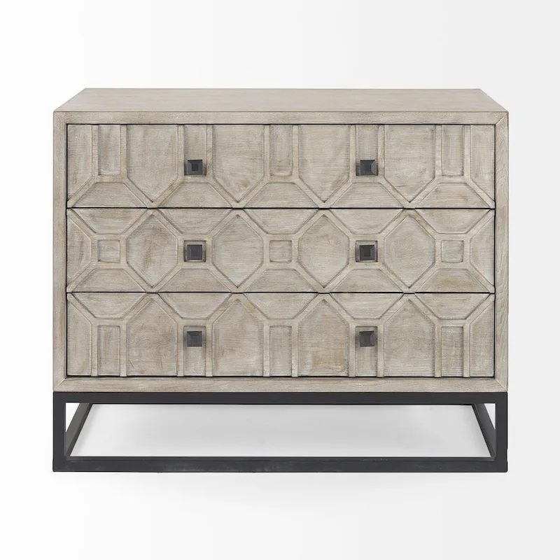 Genevieve I Gray Fir Veneer w/ Iron Frame & 3 Drawer Accent Cabinet - 39.0L x 15.7W x 30.9H