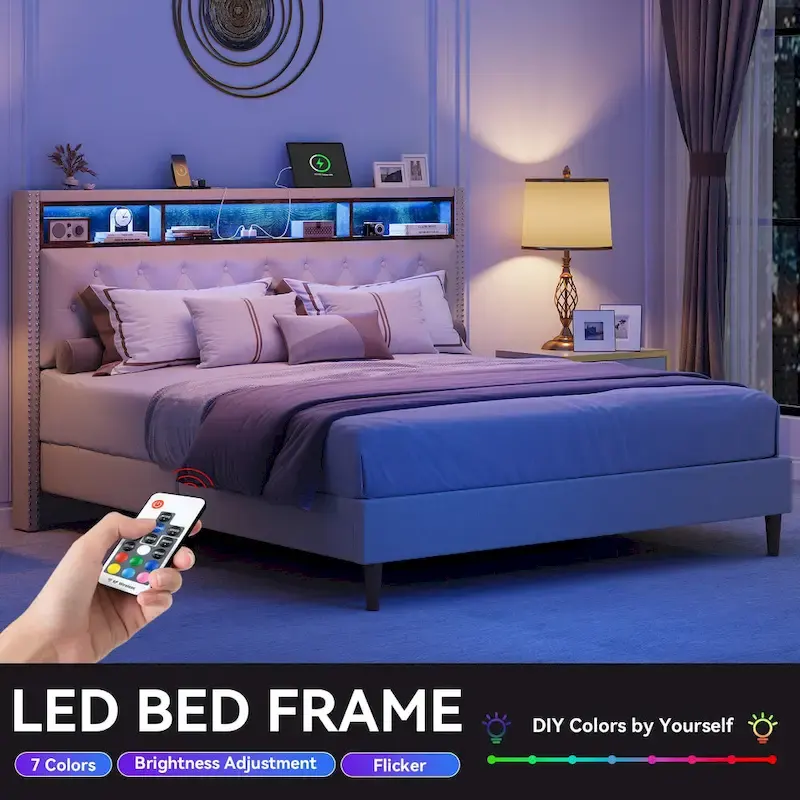 Moasis King Upholstered Headboard Bed Frame with LED