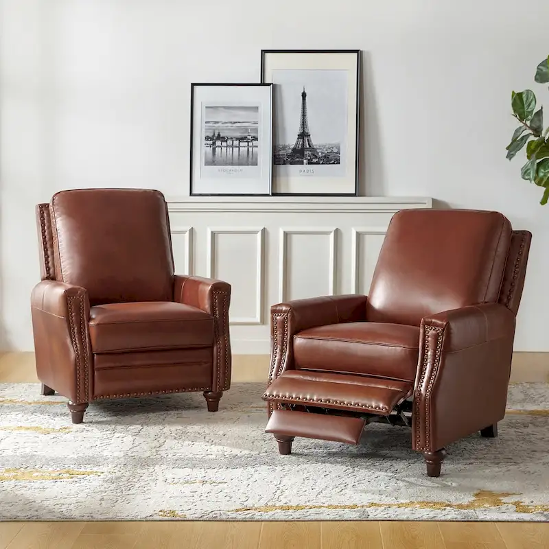 Cigar Mid-century Modern Genuine Leather Recliner with Nailhead Trim Set of 2 by HULALA HOME