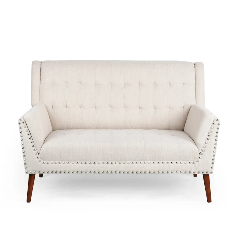 Mid-Century Modern Fabric Settee with Nailhead Trim