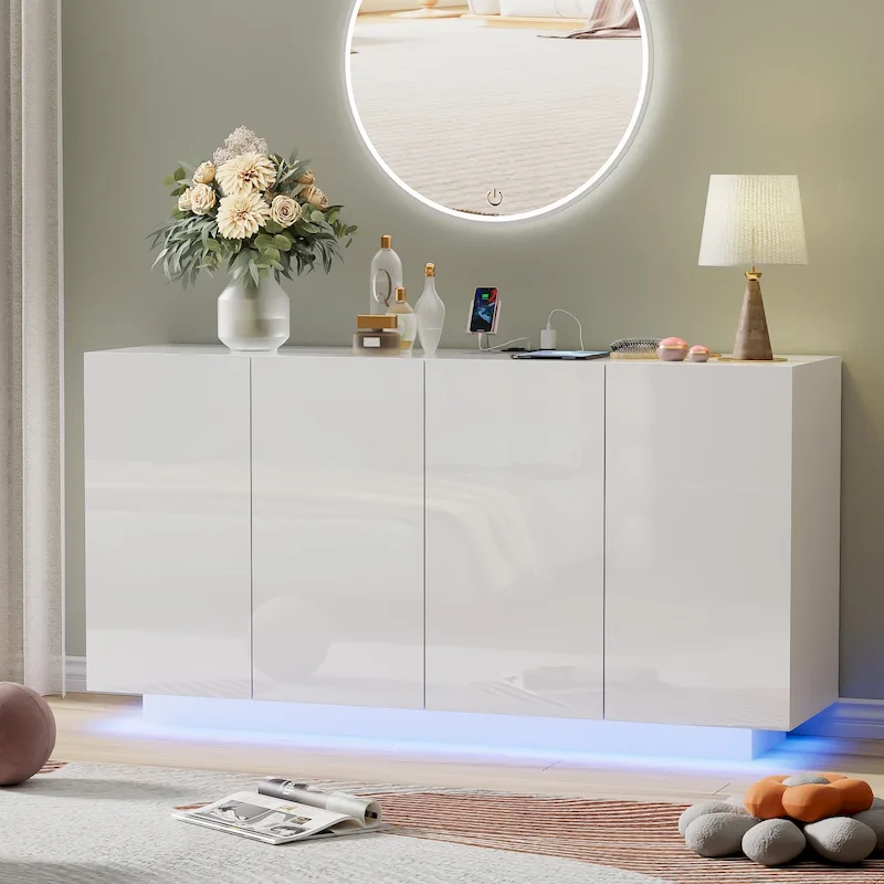 Buffet Cabinet with Storage Bar Cabinet LED light High Gloss Doors for Bedroom, Living Room