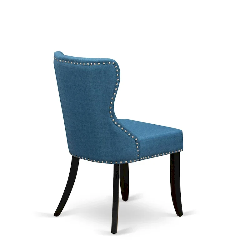 East West Furniture Kitchen Table Set- a Round Dining Table and Blue Linen Fabric Parson Chairs, Black(Pieces Options)