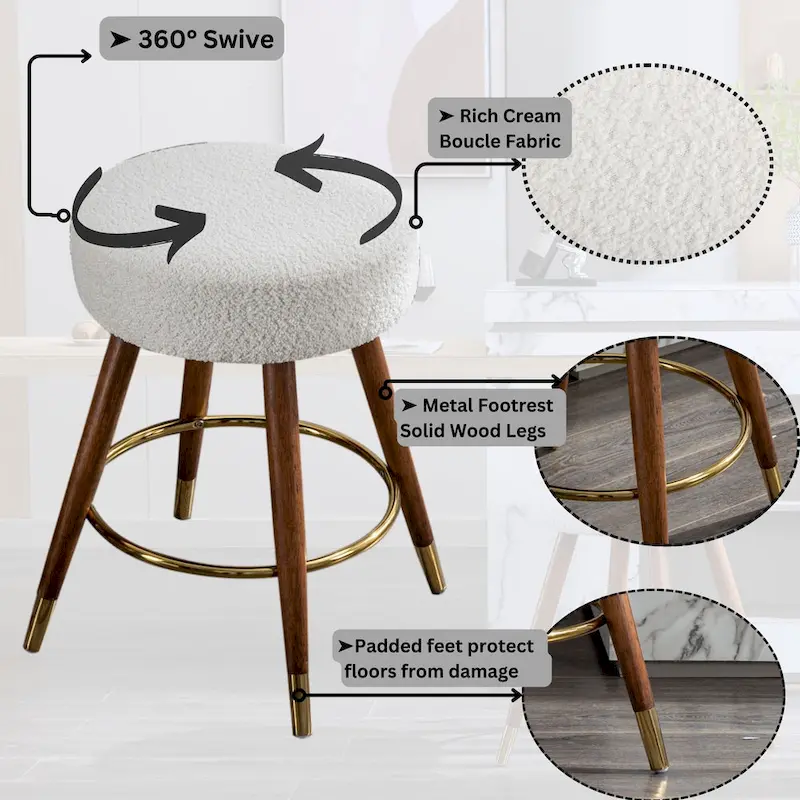 White 23.88   Upholstered Swivel Stool with Wood Frame