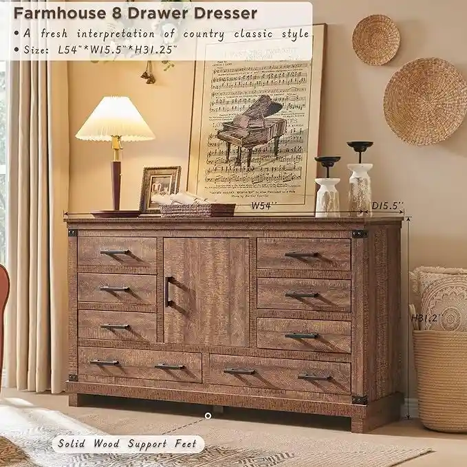 Farmhouse 8 Drawer Dresser, Wood Long Chest of Drawers, Closet Dresser