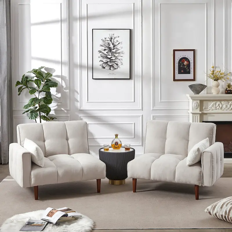 Convertible Futon Sofa Bed with Adjustable Positions and Wooden Legs