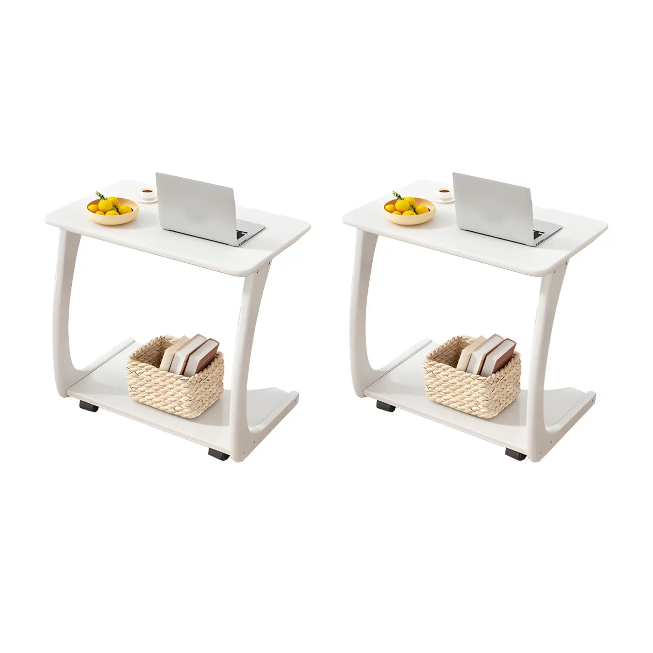 Walnut C-Shaped Side Table With Casters